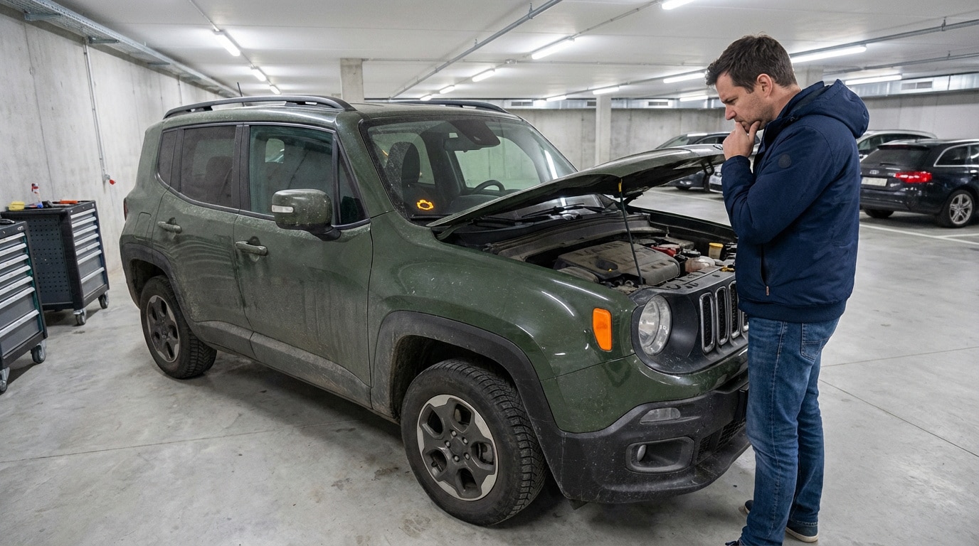 Un homme pensif devant une Jeep Renegade verte au capot ouvert, un voyant d'alerte jaune visible. Il examine un possible problème moteur dans un garage.