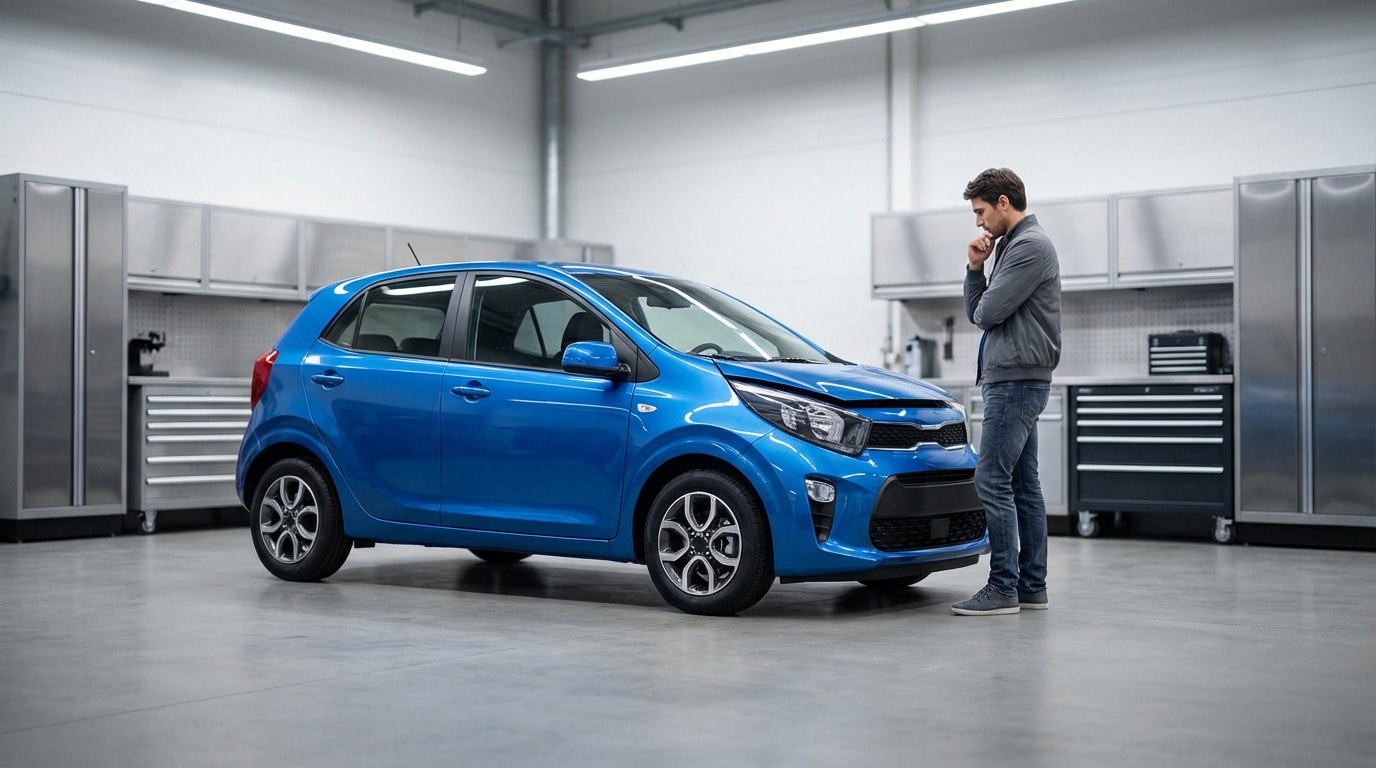 Homme pensif devant une Kia Picanto bleue au capot ouvert dans un garage, symbolisant une inspection ou un problème mécanique.