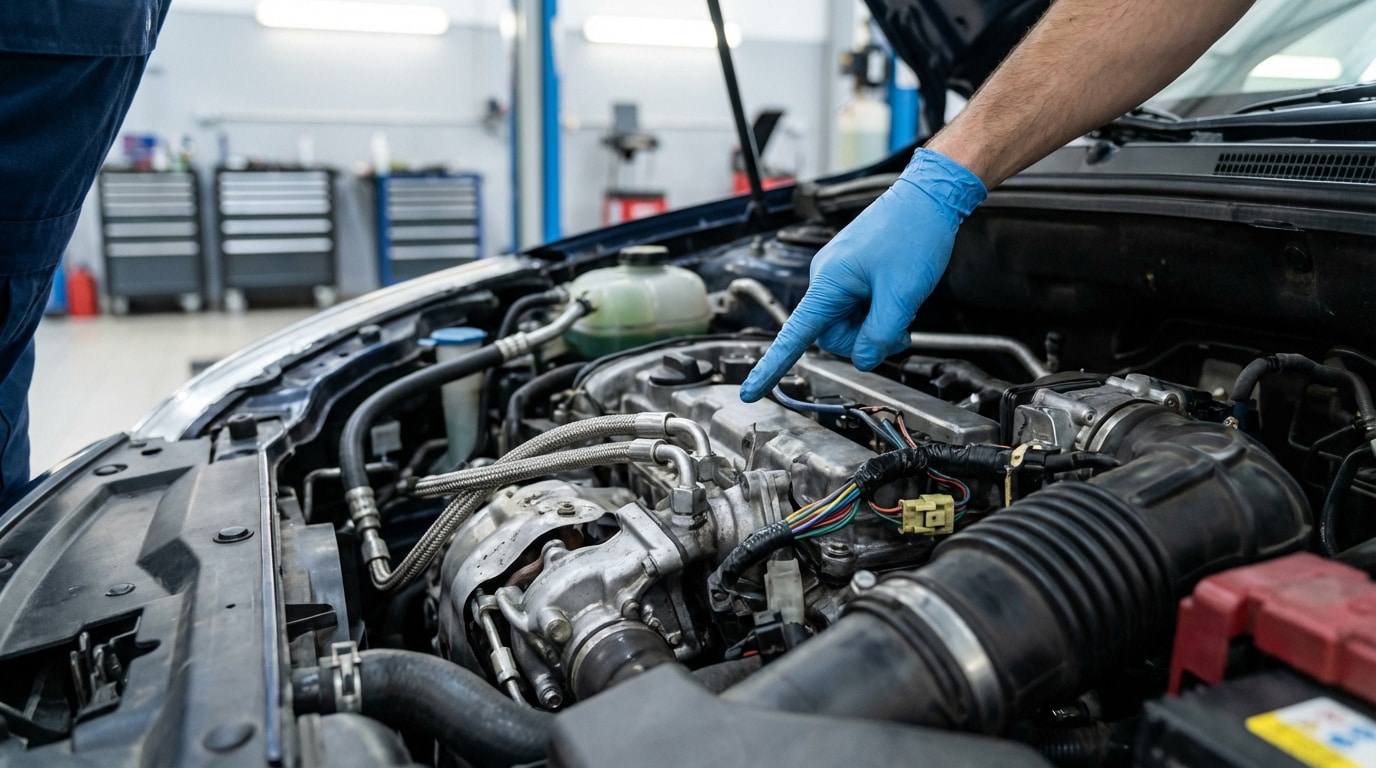 Un mécanicien avec un gant bleu pointe du doigt un moteur de voiture ouvert dans un garage, montrant les composants internes.