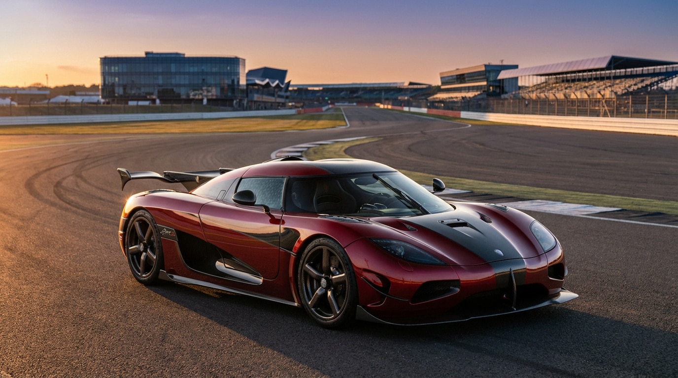 Koenigsegg Agera RS rouge et noire sur un circuit au coucher du soleil, avec des bâtiments modernes et tribunes en arrière-plan.