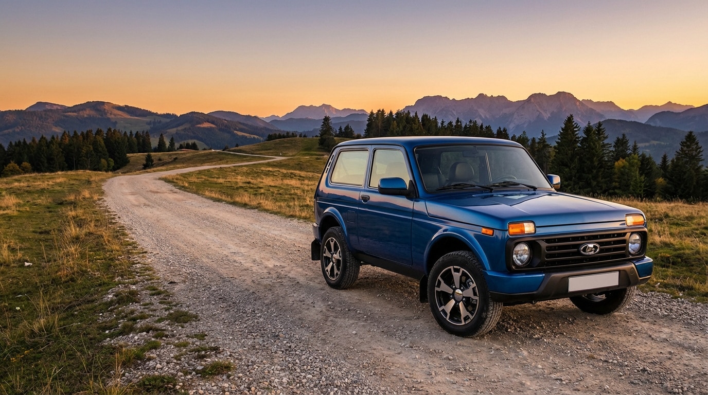 Une Lada Niva Legend bleue sur un chemin de gravier sinueux. Montagnes et forêts sous un ciel de crépuscule doré.