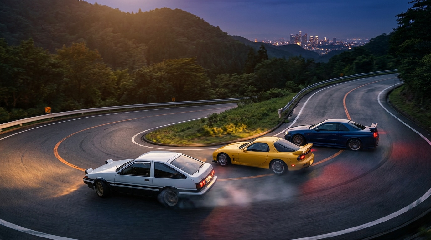 Toyota AE86, Mazda RX-7 et Nissan Skyline R34 en drift sur une route de montagne sinueuse au crépuscule.