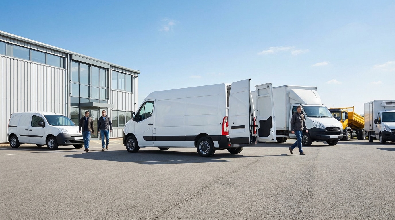 Plusieurs fourgons et camions utilitaires blancs avec portes ouvertes sur un parking, des hommes marchent devant un bâtiment.