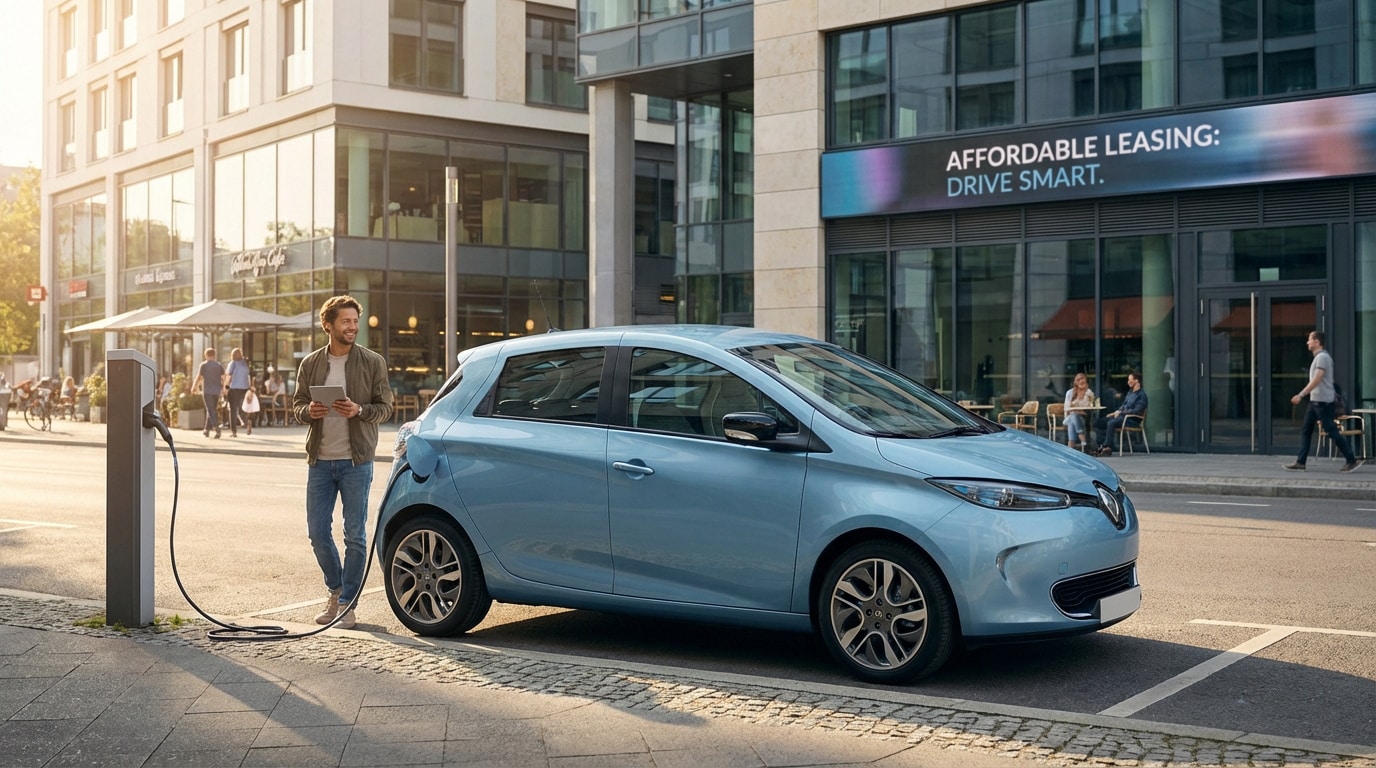 Un homme souriant, tablette en main, près d'une voiture électrique bleue (Renault Zoe) en charge urbaine. Panneau "AFFORDABLE LEASING".