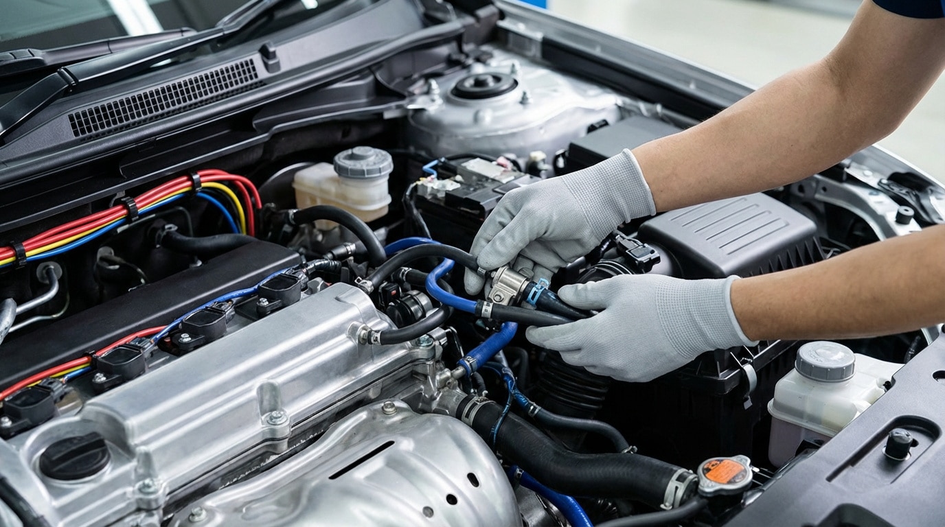 Mains gantées d'un mécanicien vérifiant les connexions et durites sous le capot d'une voiture, pour diagnostic.