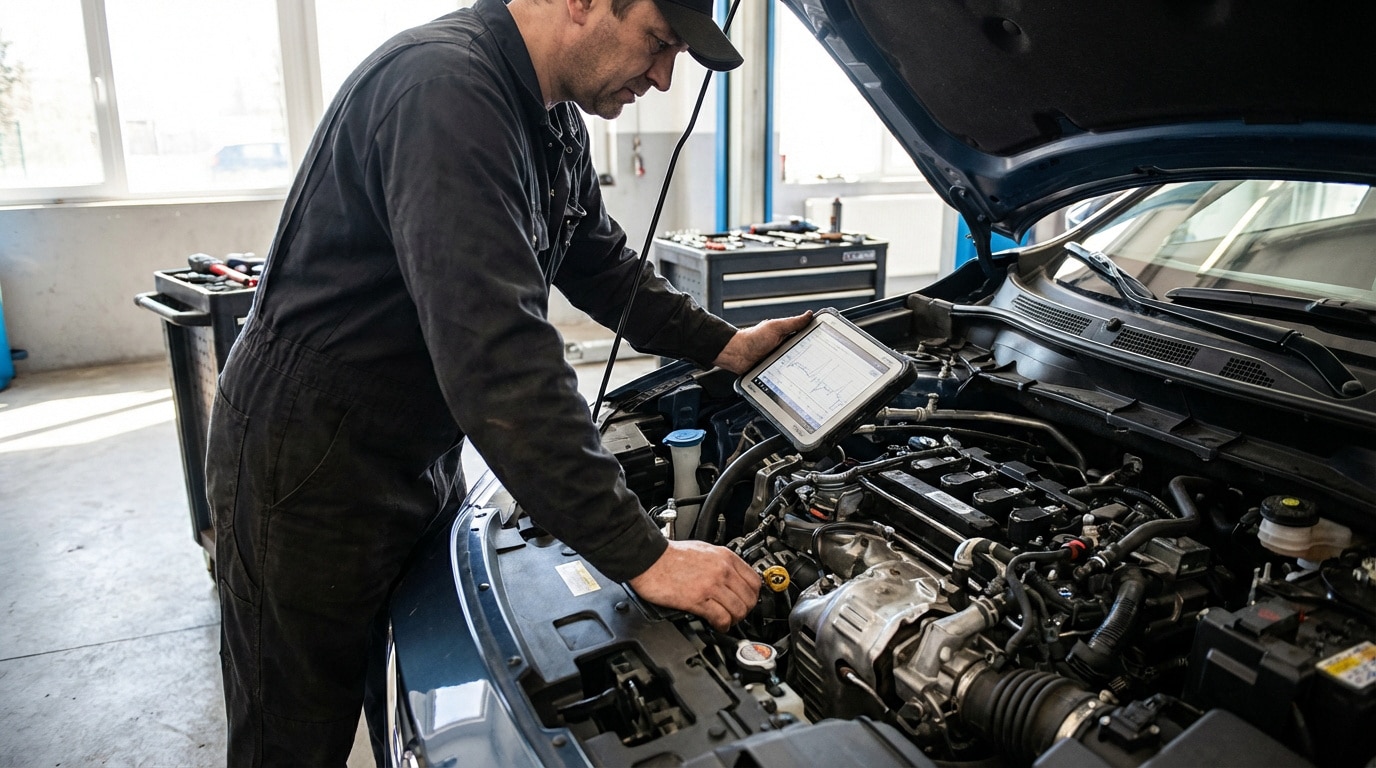 Mécanicien en salopette noire examinant un moteur de voiture ouvert, utilisant une tablette de diagnostic dans un garage.