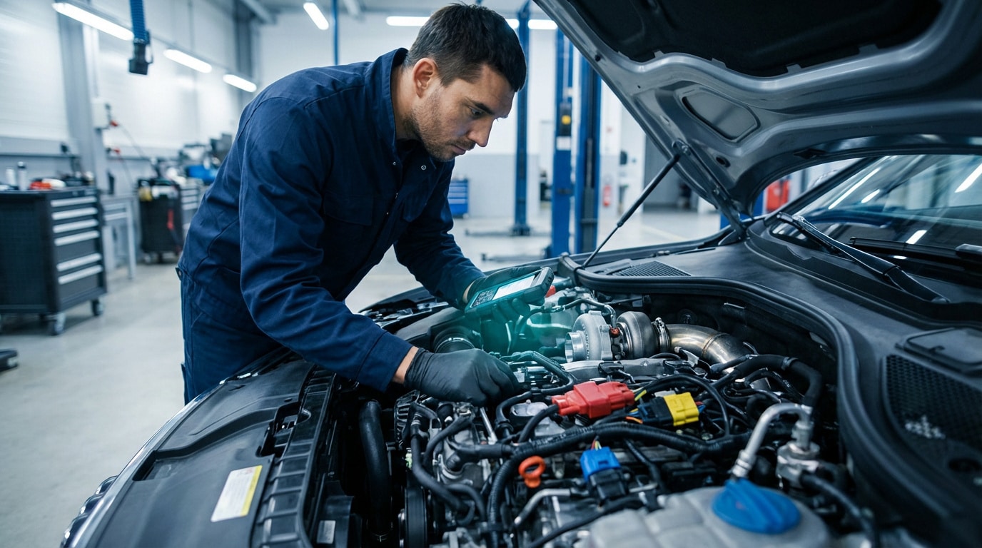 Mécanicien en combinaison bleue inspectant un moteur de voiture avec un scanner de diagnostic dans un garage moderne.