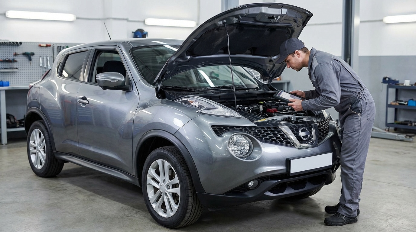 Un mécanicien en combinaison et casquette inspecte le moteur ouvert d'un Nissan Juke gris avec une tablette, dans un garage automobile.