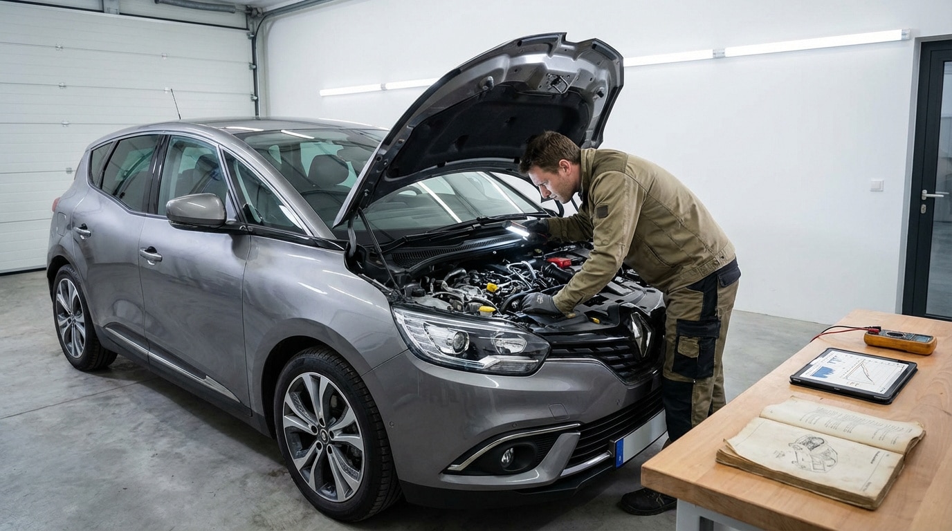 Un mécanicien inspecte le moteur d'un Renault Scénic gris dans un garage. Capot ouvert, outils sur une table à côté.