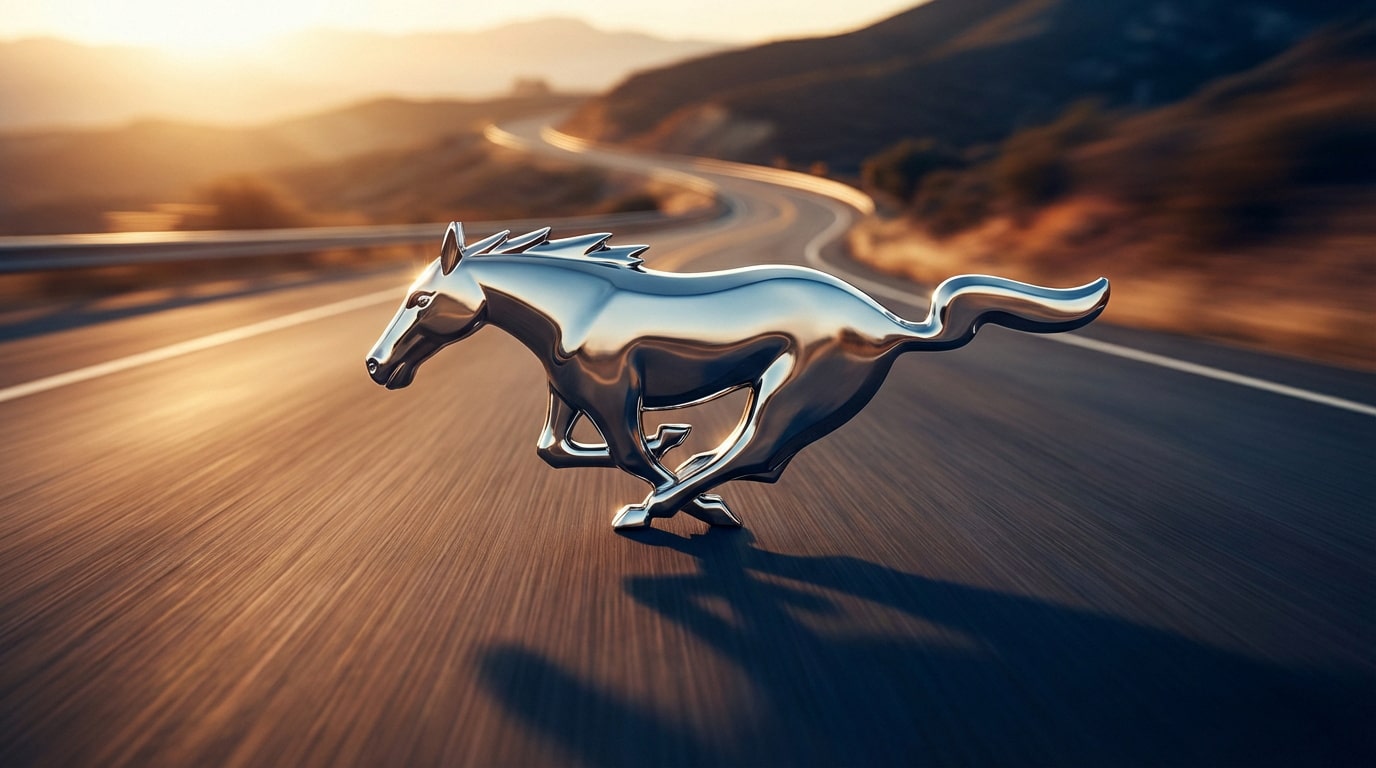 Logo Mustang chromé, un cheval au galop, sur une route sinueuse à l'aube. La route est floue, suggérant la vitesse.