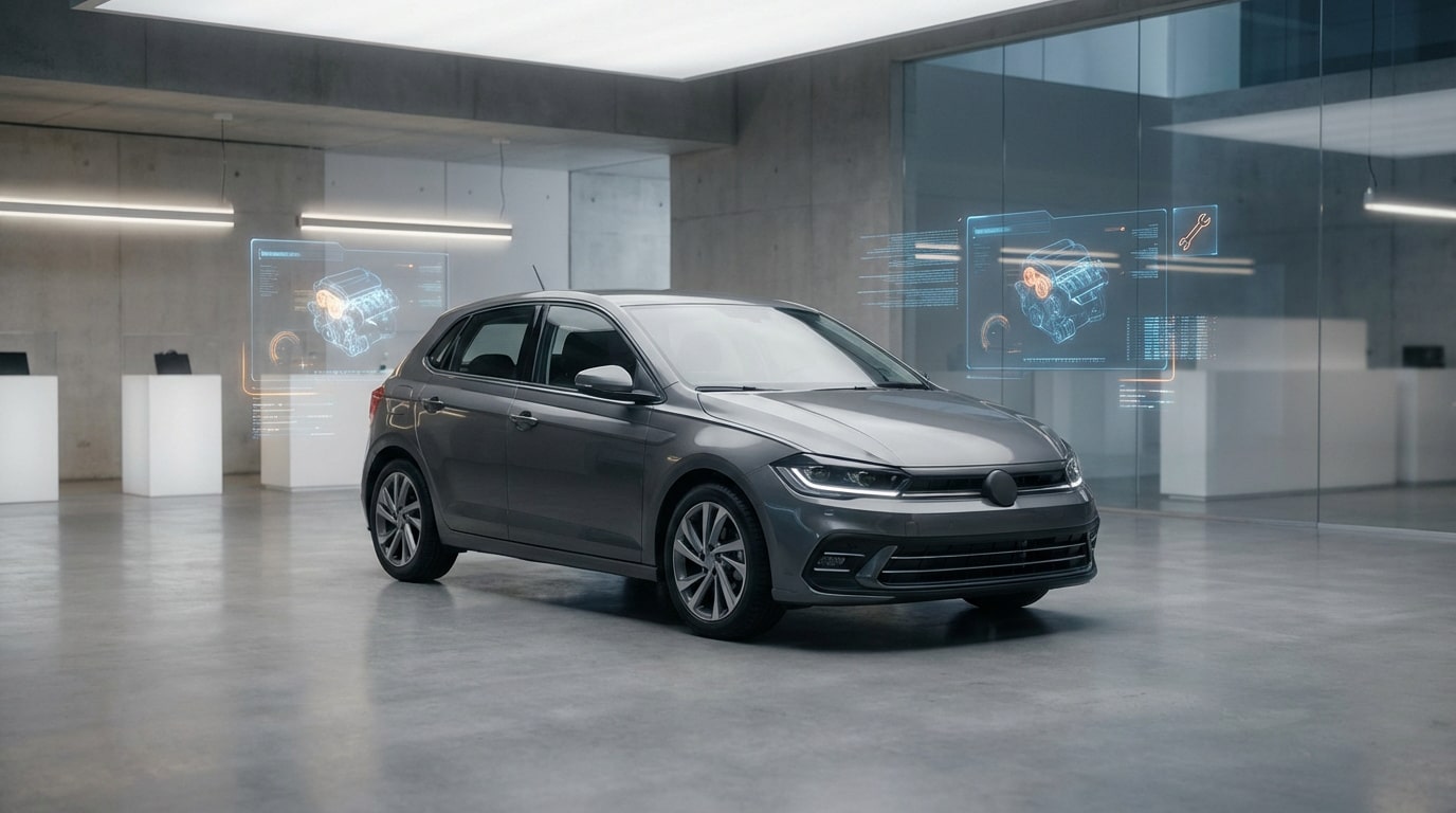 Voiture gris anthracite (Volkswagen Polo) dans un garage moderne, avec affichages holographiques du moteur et données techniques.
