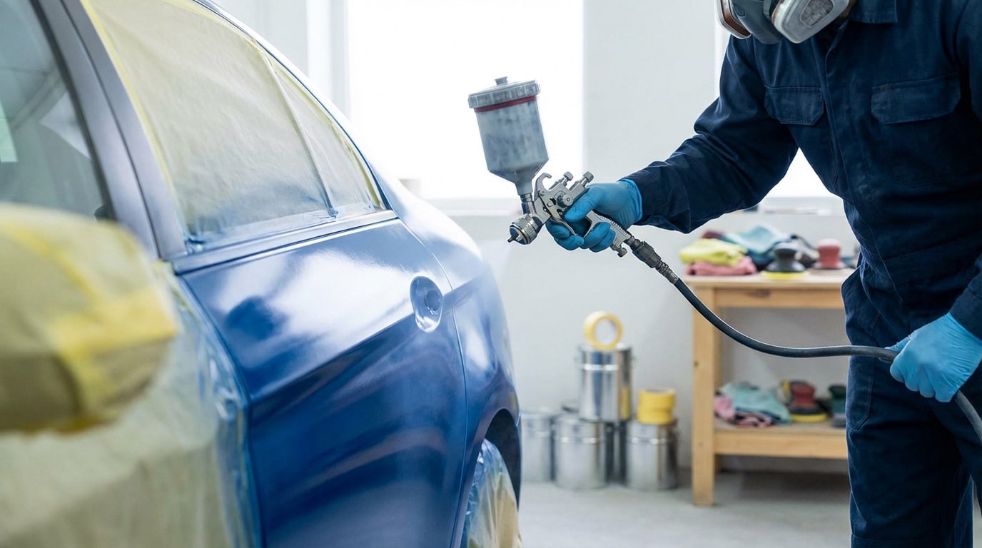 Un professionnel masqué et ganté peint une voiture bleue avec un pistolet. La carrosserie est partiellement protégée.