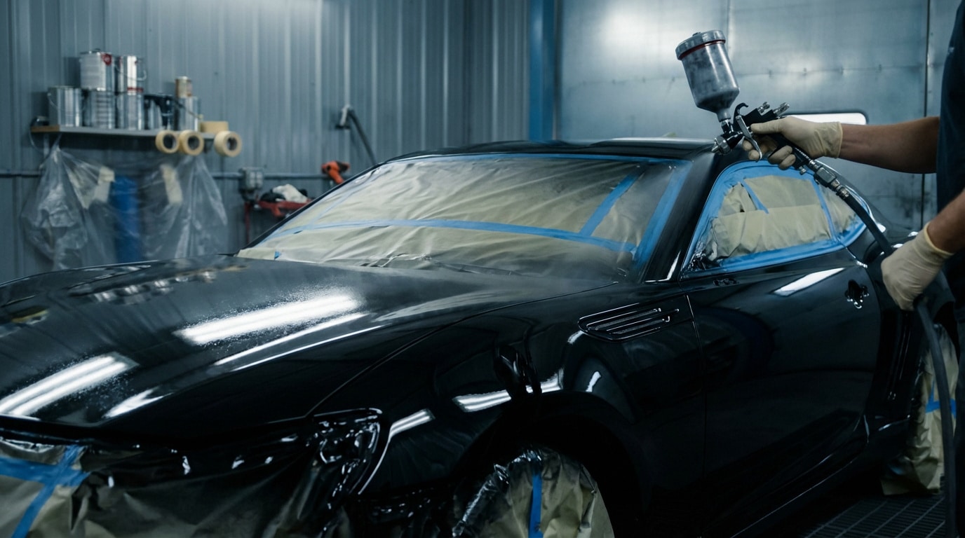 Un professionnel applique une couche de peinture noire brillante sur une carrosserie de voiture dans une cabine de peinture. Les vitres sont protégées.