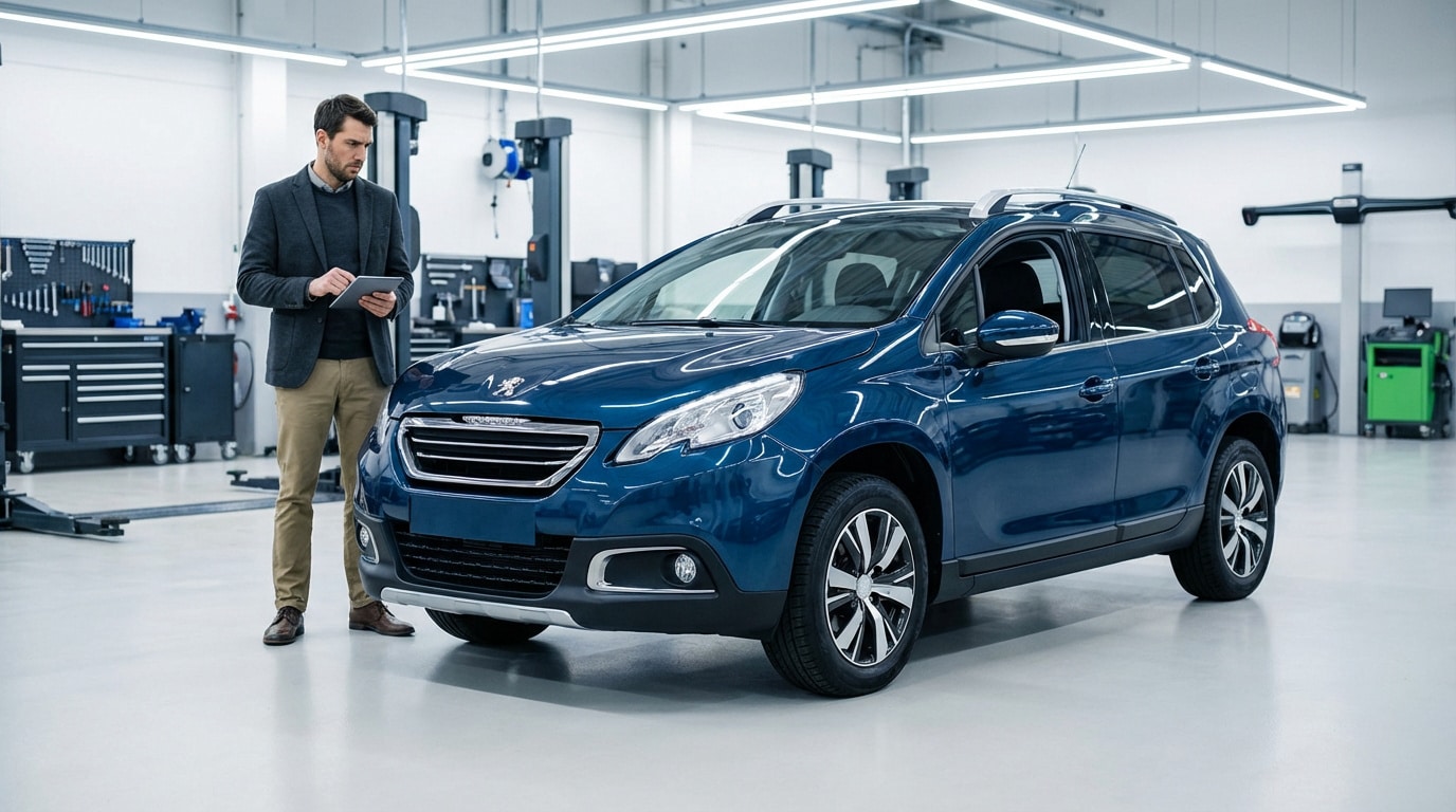 Expert inspectant une Peugeot 2008 bleue en atelier avec une tablette, entouré d'équipement de diagnostic.