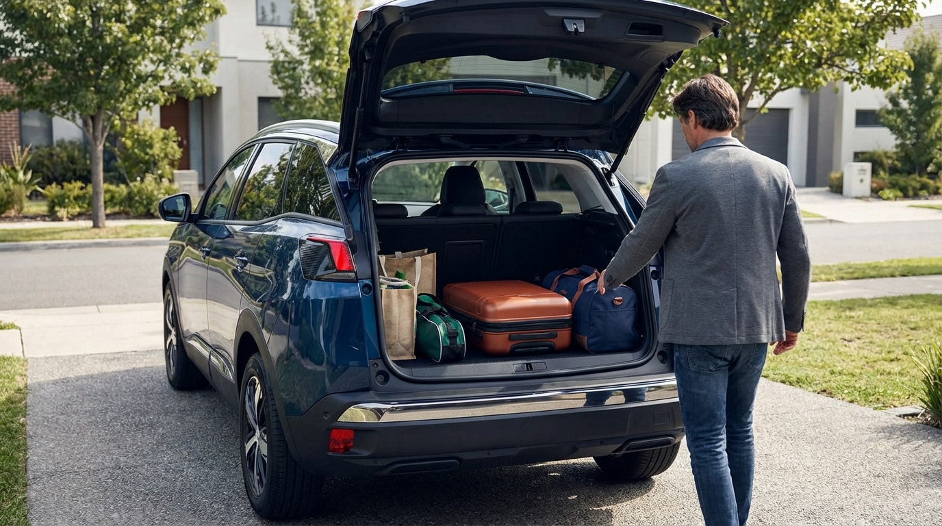 Un homme charge des bagages dans le grand coffre ouvert d'un SUV Peugeot 3008 bleu, devant une maison.