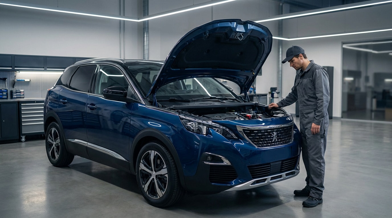 Un mécanicien examine le moteur ouvert d'un SUV Peugeot 3008 bleu dans un garage moderne, soulignant l'entretien.