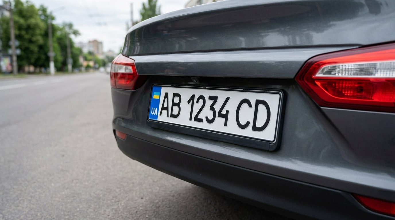 Plaque d'immatriculation ukrainienne blanche sur l'arrière d'une voiture grise, avec le drapeau UA et le code AB 1234 CD.