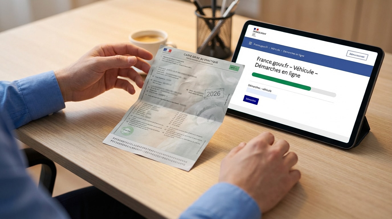 Mains tenant une carte grise française avec l'année 2026 visible, à côté d'une tablette affichant France.gouv.fr pour les démarches véhicule en ligne.
