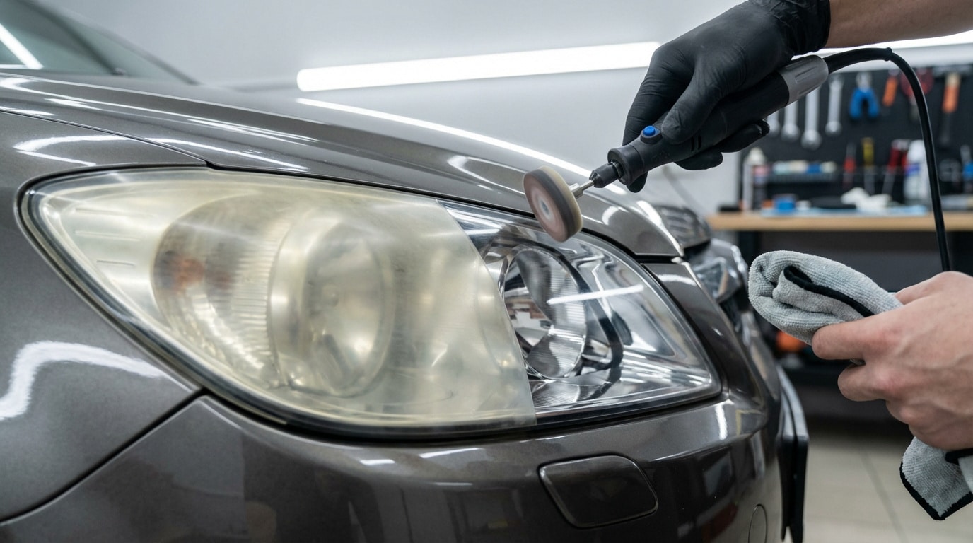 Rénovation d'un phare de voiture, montrant la différence avant/après sur le même optique. Une main polit la lentille jaunie.