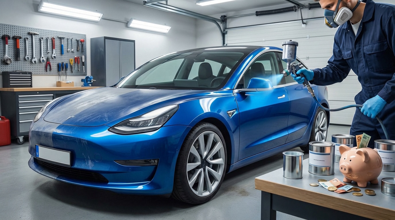 Un homme repeint une Tesla bleue dans un garage. La voiture est partiellement peinte, montrant avant/après. Des outils et une tirelire sont visibles.