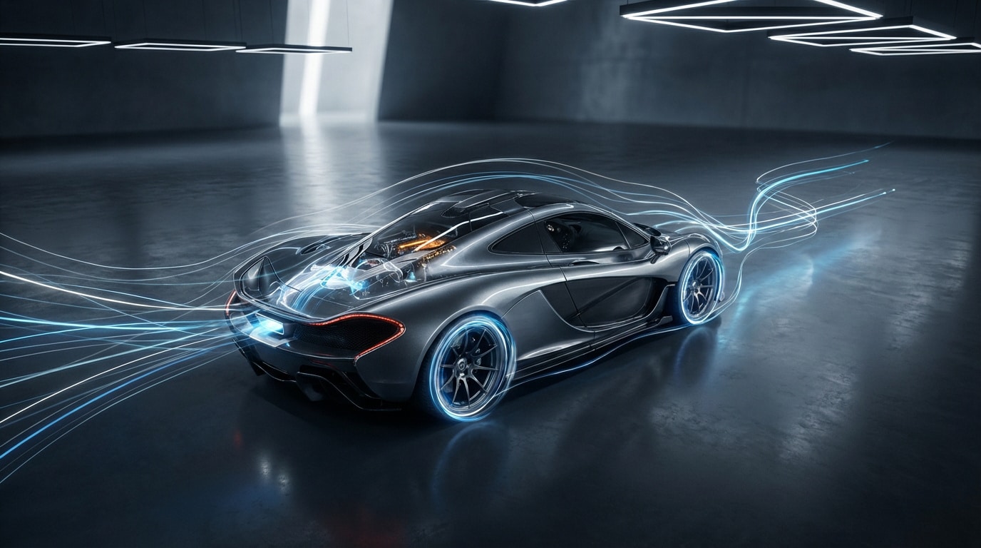 Vue arrière d'une supercar grise futuriste avec des traînées lumineuses bleues et blanches symbolisant l'énergie et la vitesse.