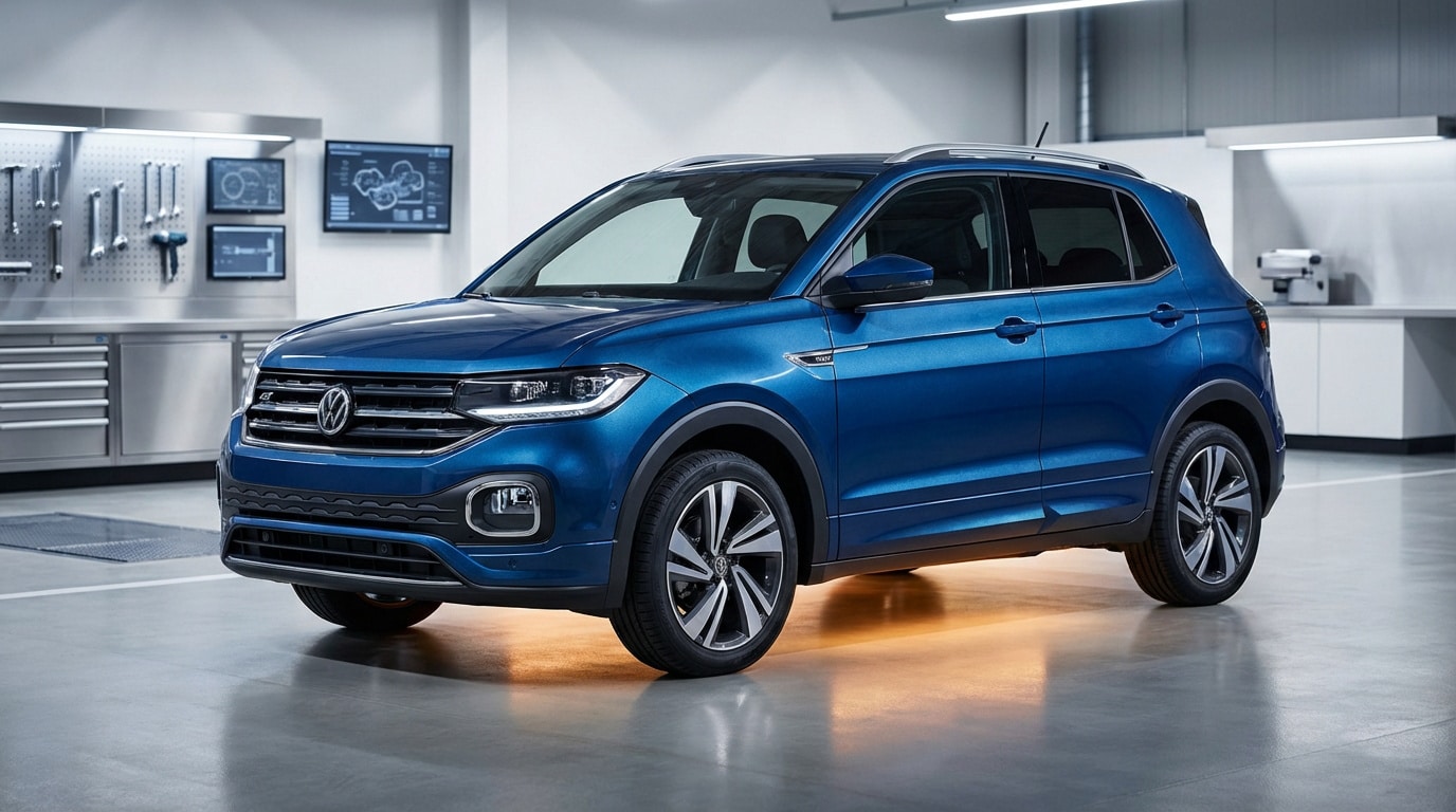 Volkswagen T-Cross bleu garé dans un atelier moderne avec outils muraux et écrans affichant des schémas techniques.