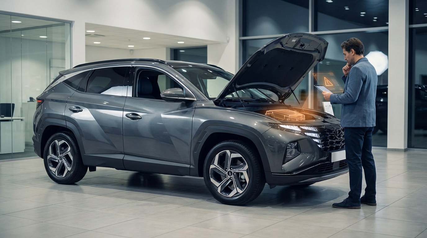 Homme diagnostiquant un SUV Hyundai Tucson gris, capot ouvert, avec une tablette affichant une alerte moteur dans un showroom.