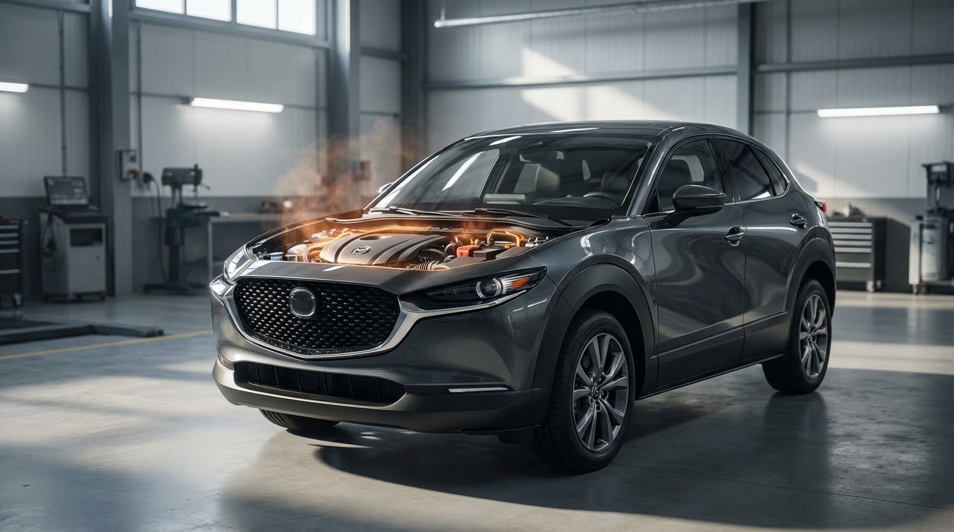 SUV Mazda CX-30 gris foncé capot ouvert, moteur éclairé, dans un garage automobile.