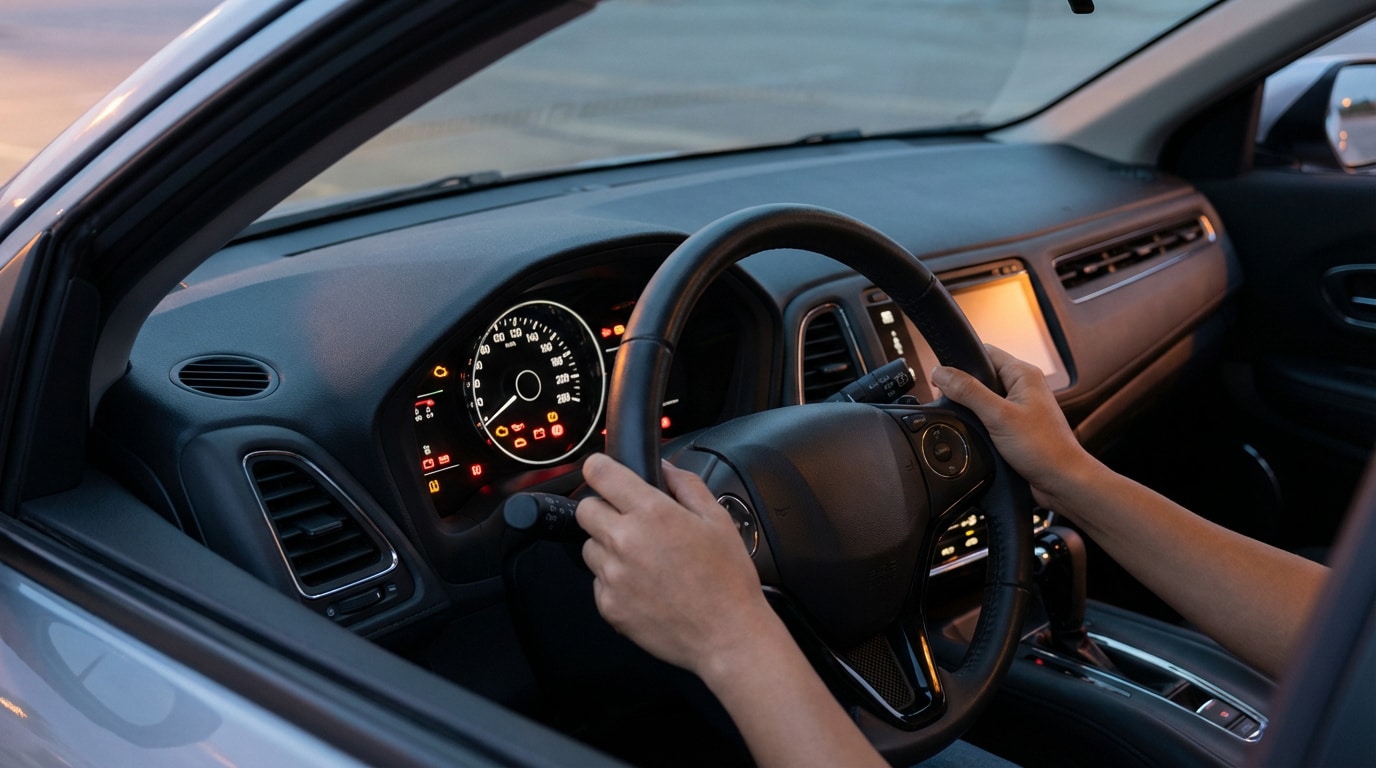 Vue intérieure d'une voiture. Des mains tiennent le volant. Le tableau de bord affiche plusieurs voyants lumineux.