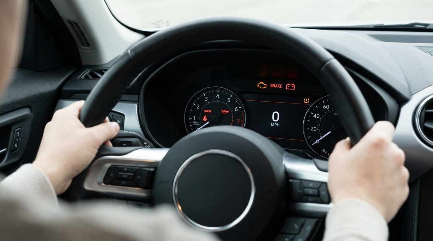 Conducteur tenant le volant, le tableau de bord lumineux affiche les voyants d'alerte moteur, frein, batterie et pression des pneus.
