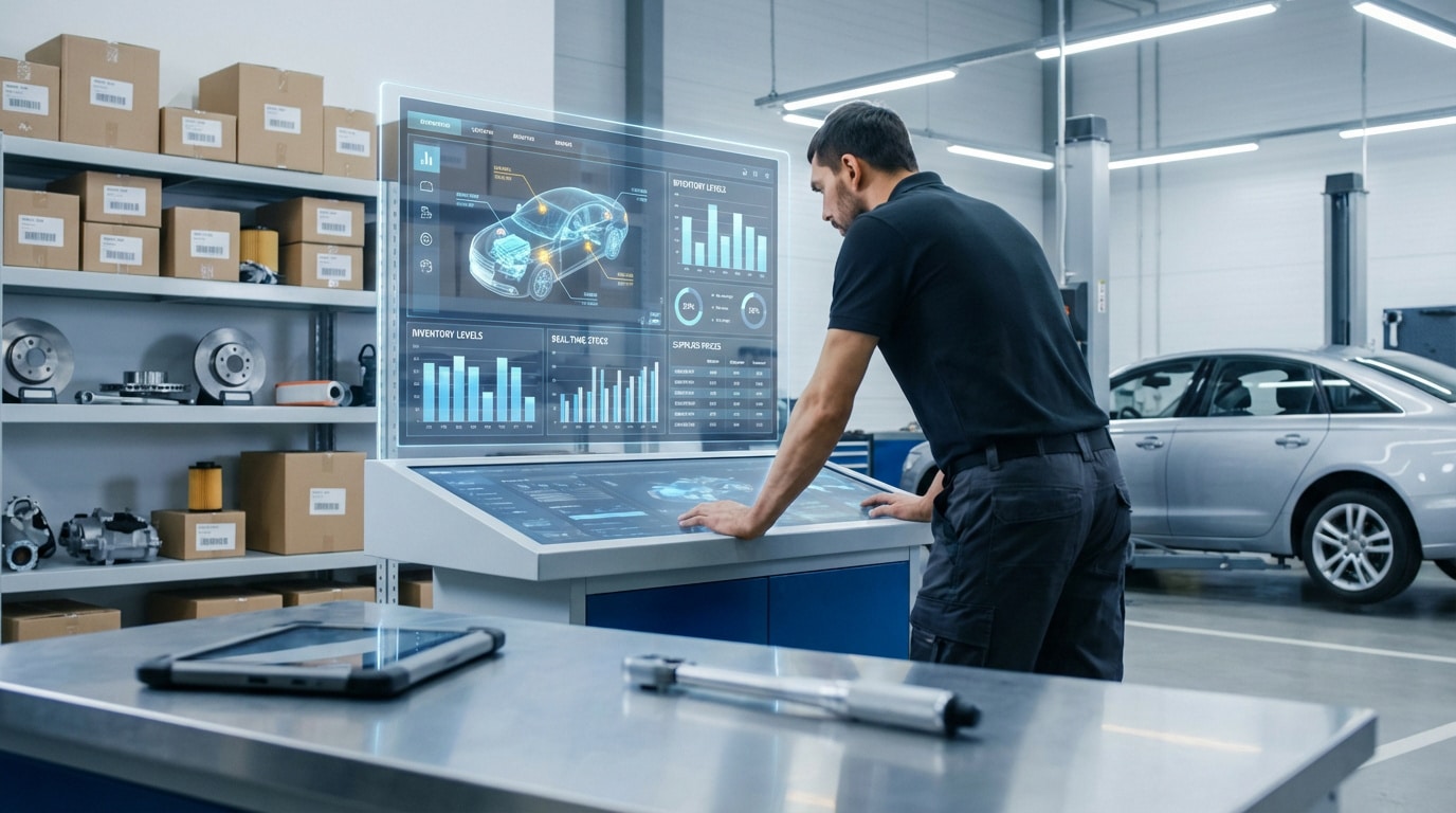 Un technicien utilise un grand écran tactile holographique pour gérer l'inventaire de pièces automobiles dans un garage moderne.