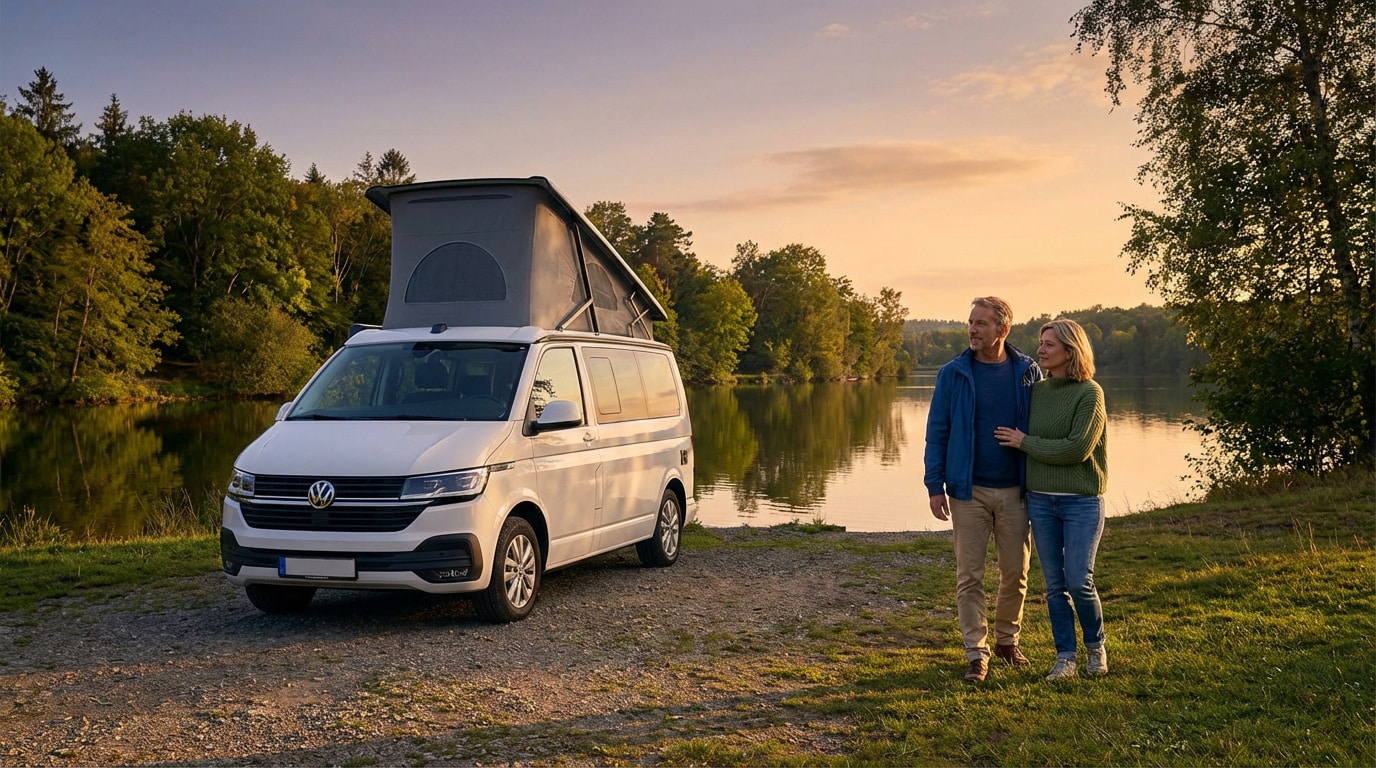 Un couple regarde un lac près de son camping-car blanc garé au bord de l'eau, entouré d'arbres sous un ciel doré.