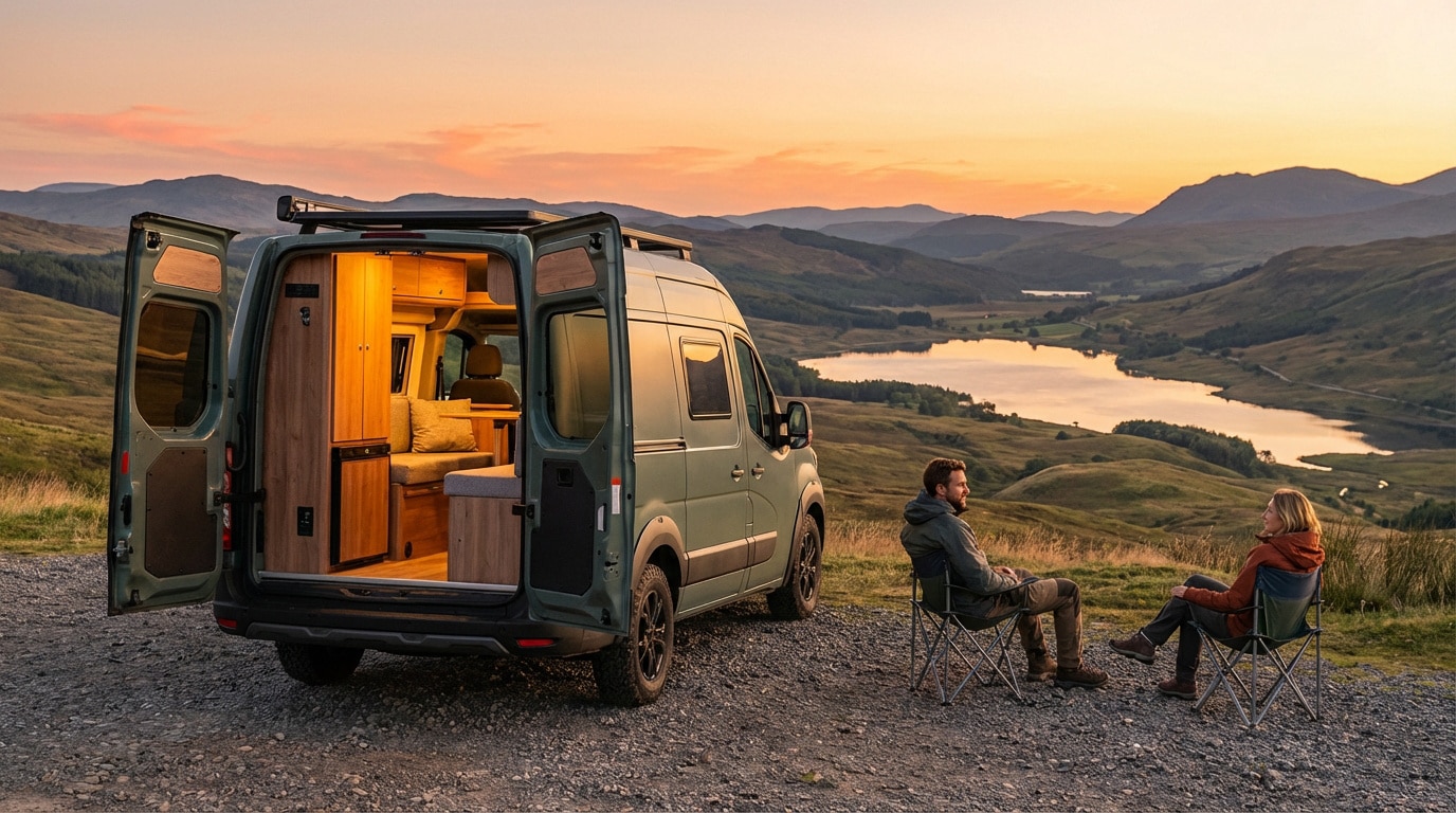 Un van aménagé Dacia Sandman 2025 vert garé au bord d'un lac montagneux, couple admirant le paysage au coucher du soleil.