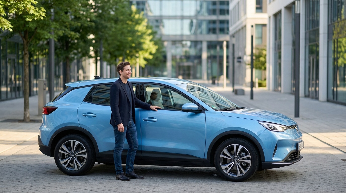 Un homme souriant se tient à côté d'une voiture neuve bleu clair dans un environnement urbain moderne.