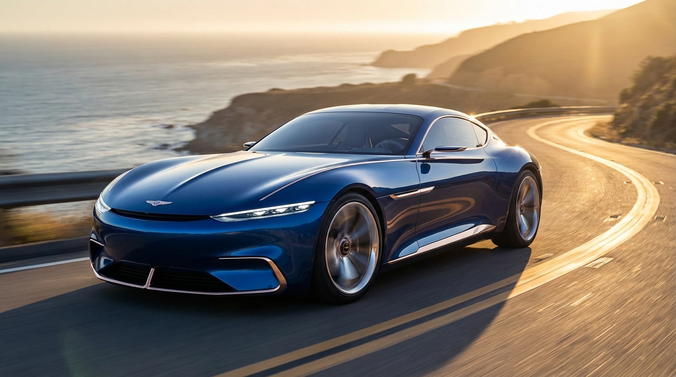 Voiture coupé bleu Genesis X Concept roulant sur une route côtière sinueuse au coucher du soleil, avec l'océan.