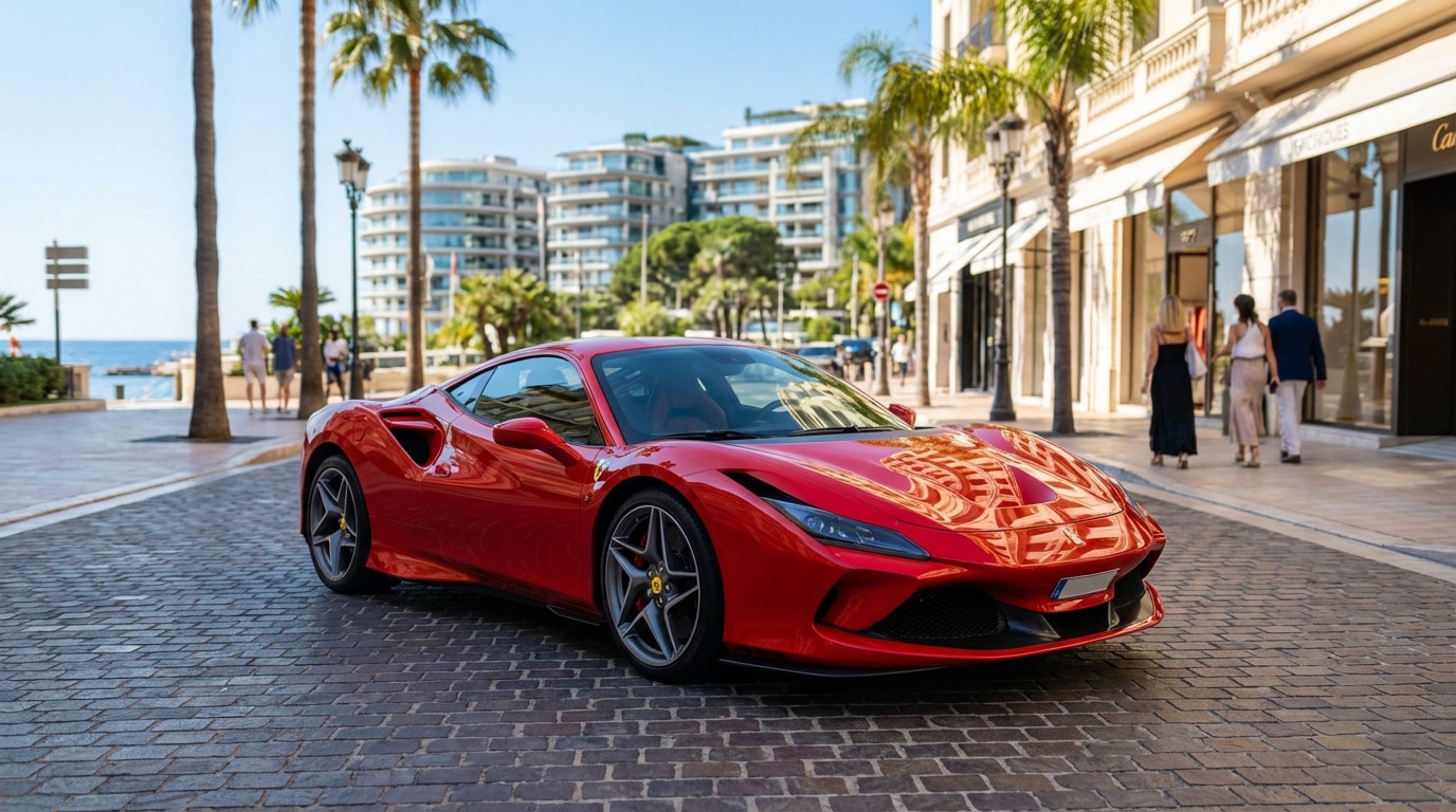 Une Ferrari F8 Tributo rouge garée sur une rue pavée, avec des palmiers, des boutiques de luxe et la mer en arrière-plan.