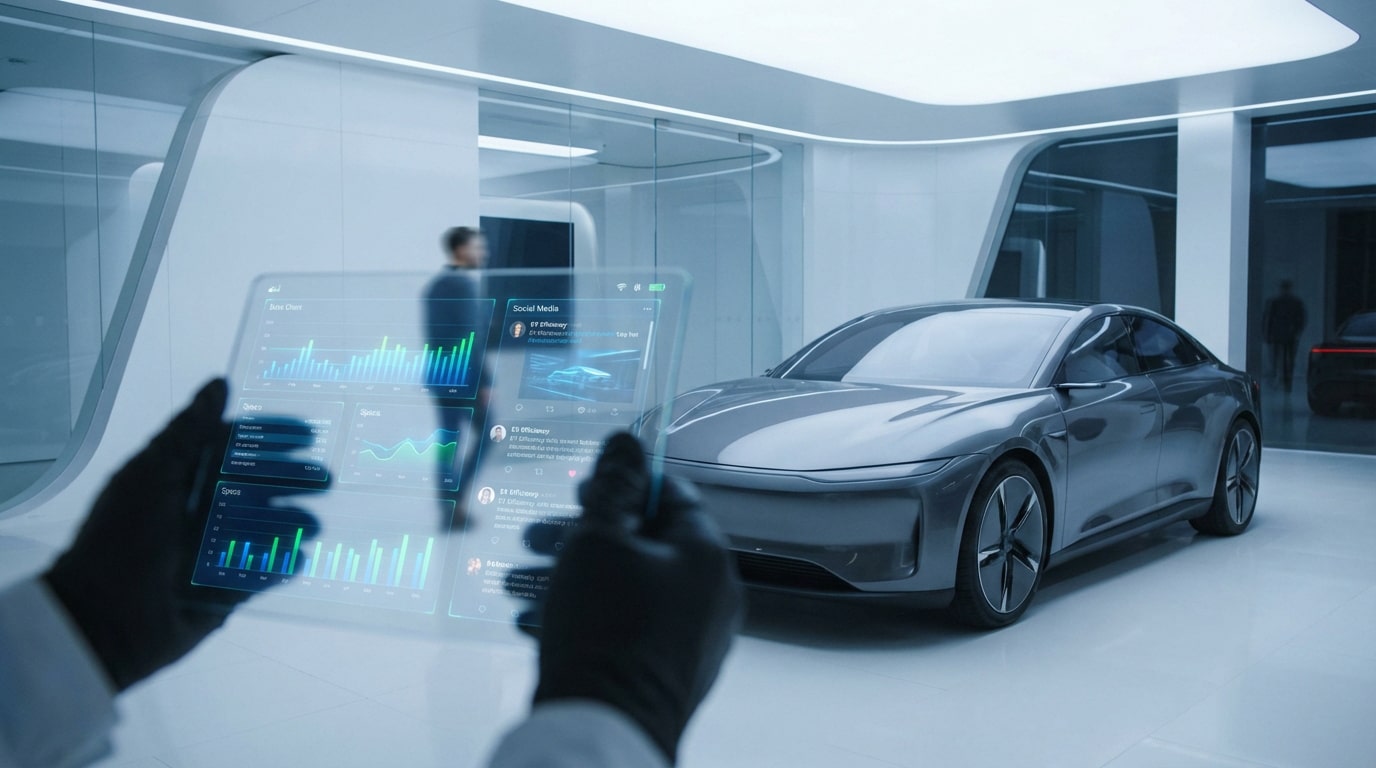 Une personne tient une tablette transparente affichant des données et des réseaux sociaux sur une voiture futuriste dans un showroom moderne.