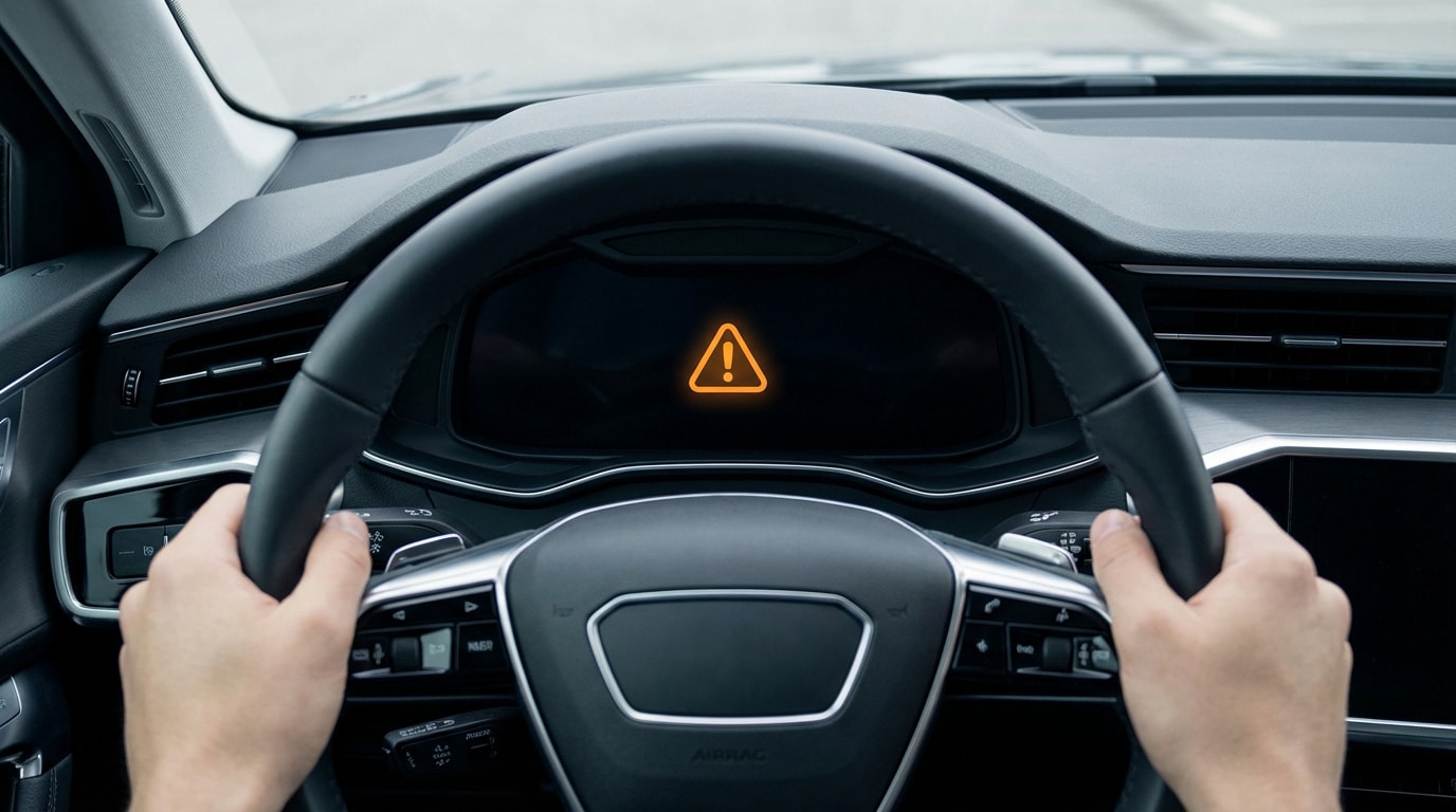 Vue à la première personne d'un conducteur tenant le volant, avec un voyant d'avertissement orange (point d'exclamation) allumé sur l'écran du tableau de bord d'une voiture moderne.