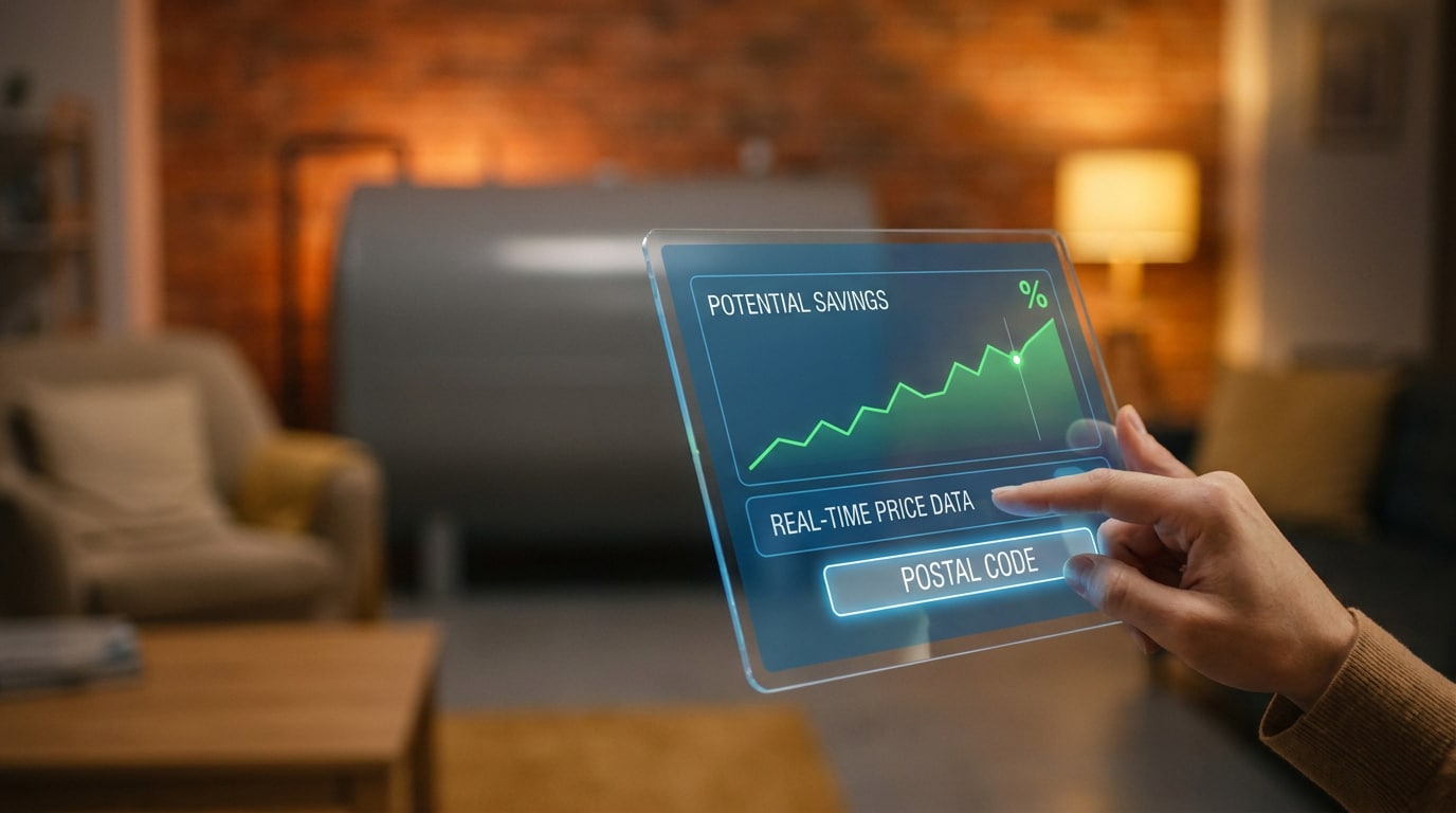 Main utilisant une interface tactile futuriste affichant des économies potentielles et des données de prix de carburant.