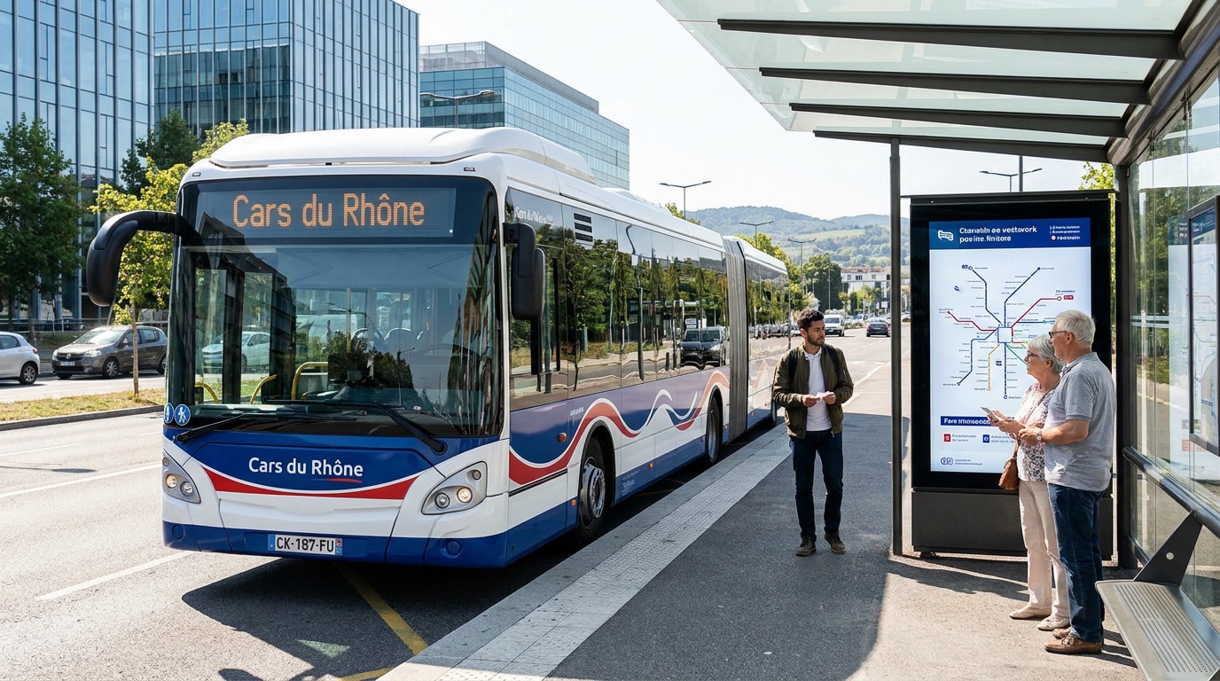 Un car du Rhône à l'arrêt, avec des passagers consultant une carte du réseau urbain TCL à Lyon.