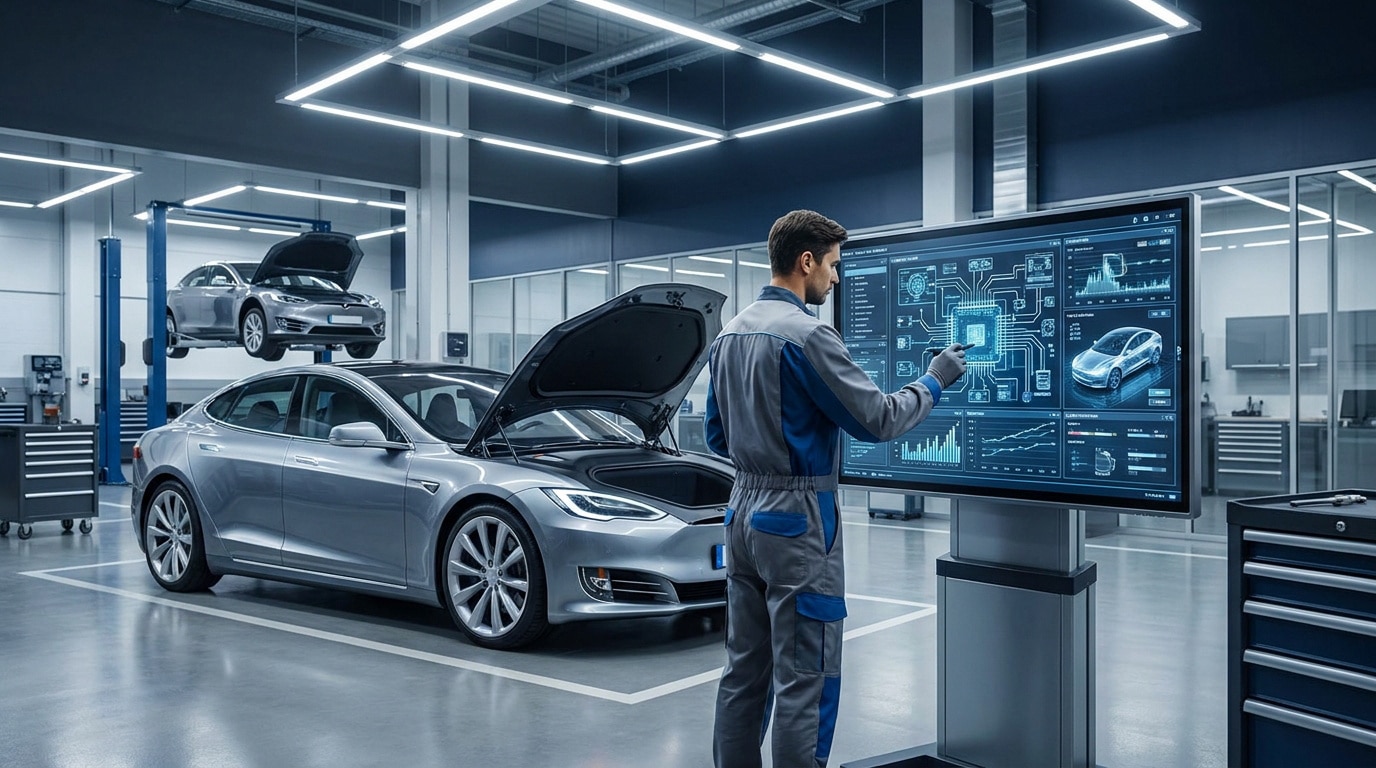 Un mécanicien analyse les données d'une voiture électrique moderne sur un grand écran tactile dans un atelier futuriste.