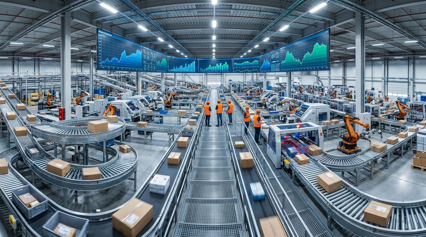 john-towner-3Kv48NS4WUU-unsplash Centre de tri logistique automatisé avec convoyeurs, robots et opérateurs portant des gilets orange.