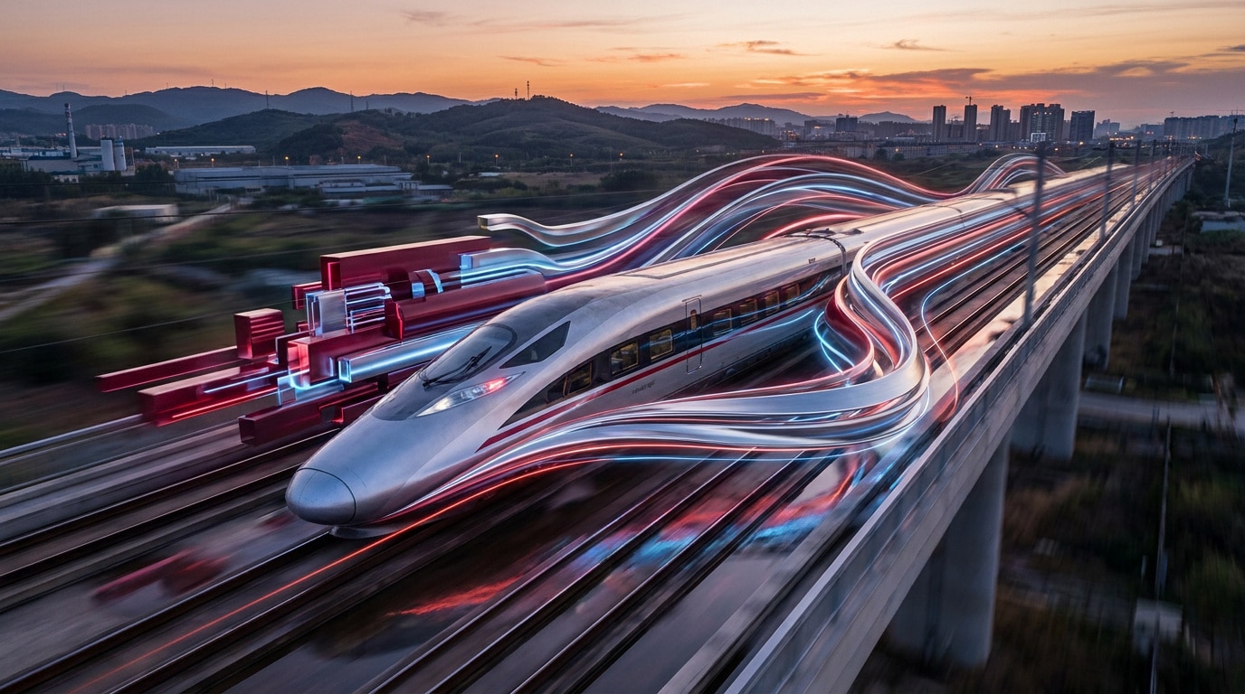john-towner-3Kv48NS4WUU-unsplash Un train à grande vitesse circulant sur un viaduc, entouré de traînées lumineuses rouges et bleues au coucher du soleil.
