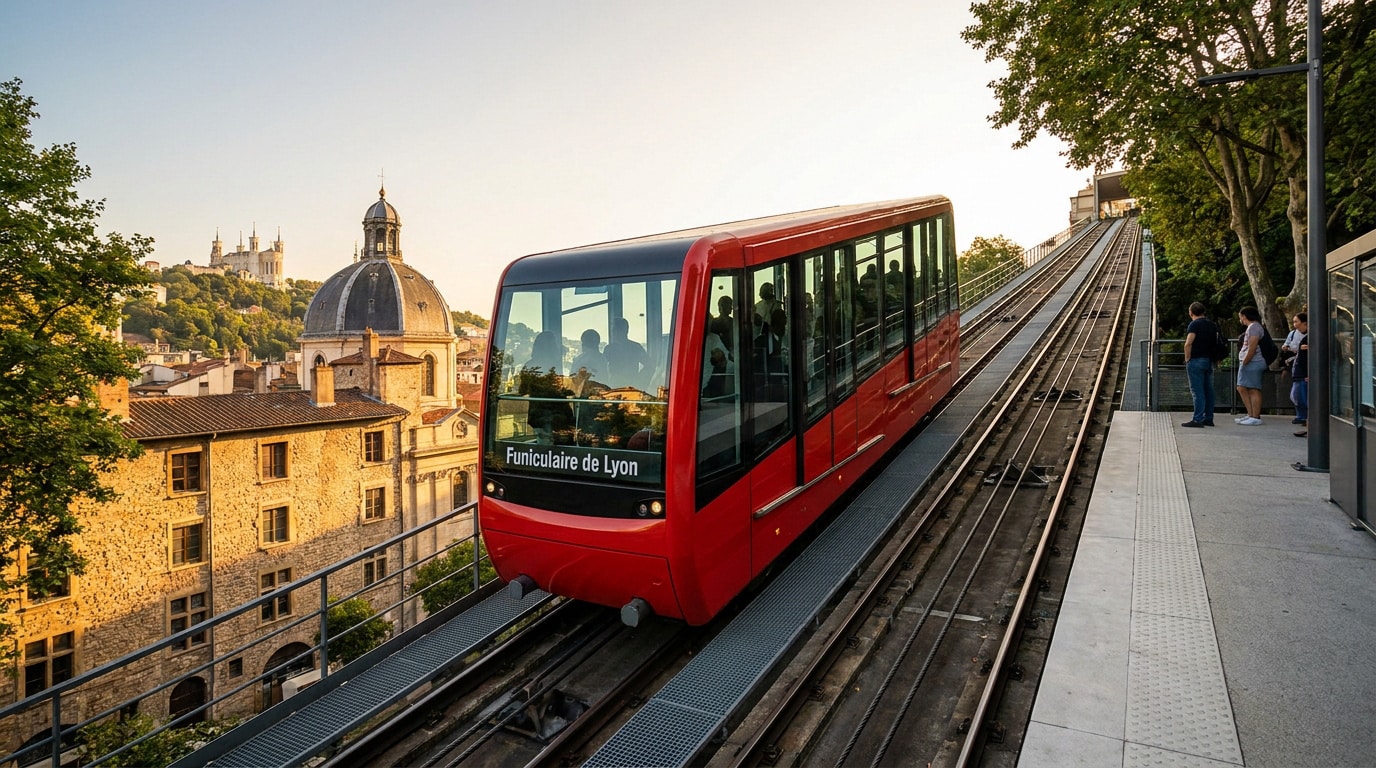 Funiculaire rouge moderne de Lyon montant une colline avec la basilique de Fourvière en arrière-plan au coucher du soleil.
