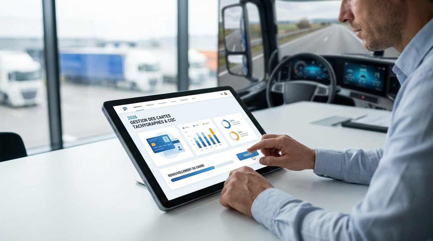 Un professionnel utilisant une tablette pour gérer des cartes tachygraphes et CQC avec un camion en arrière-plan.
