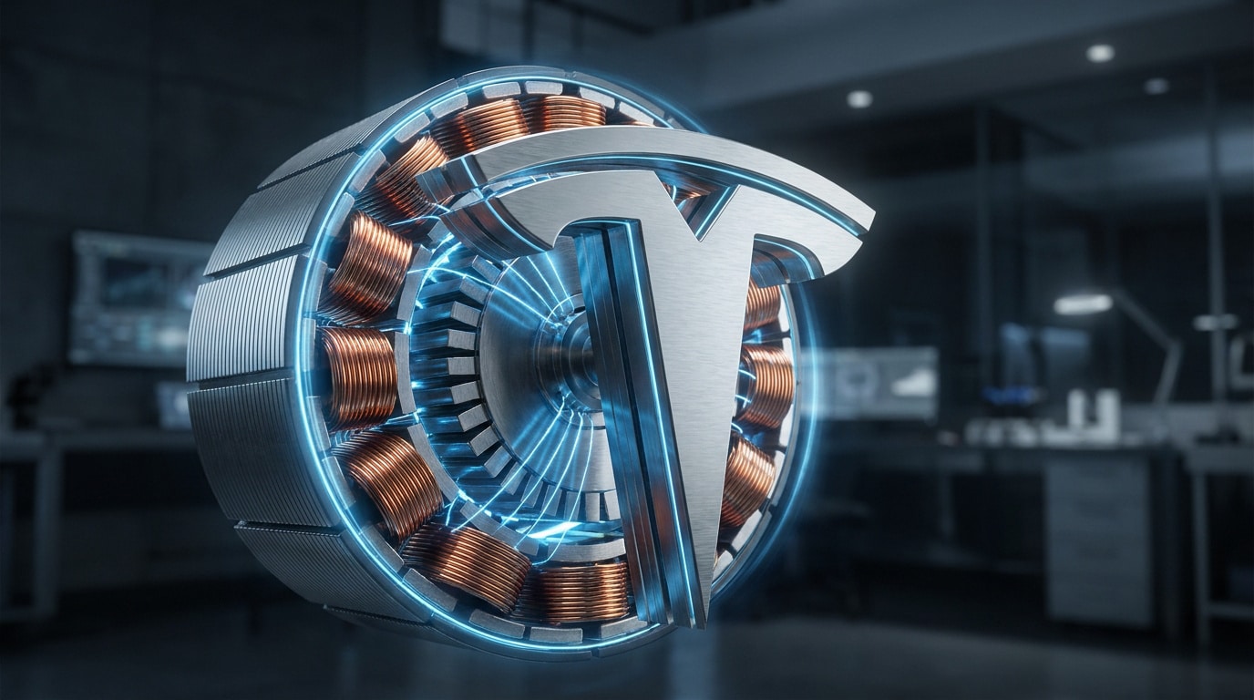 Logo métallique Tesla fusionné avec un moteur électrique haute technologie dans un laboratoire.