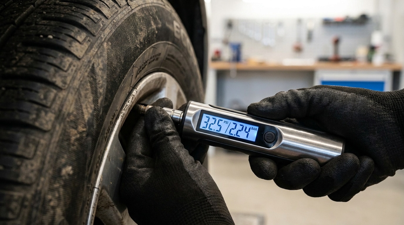 john-towner-3Kv48NS4WUU-unsplash Main gantée utilisant un manomètre numérique pour mesurer la pression d'un pneu de voiture dans un garage.