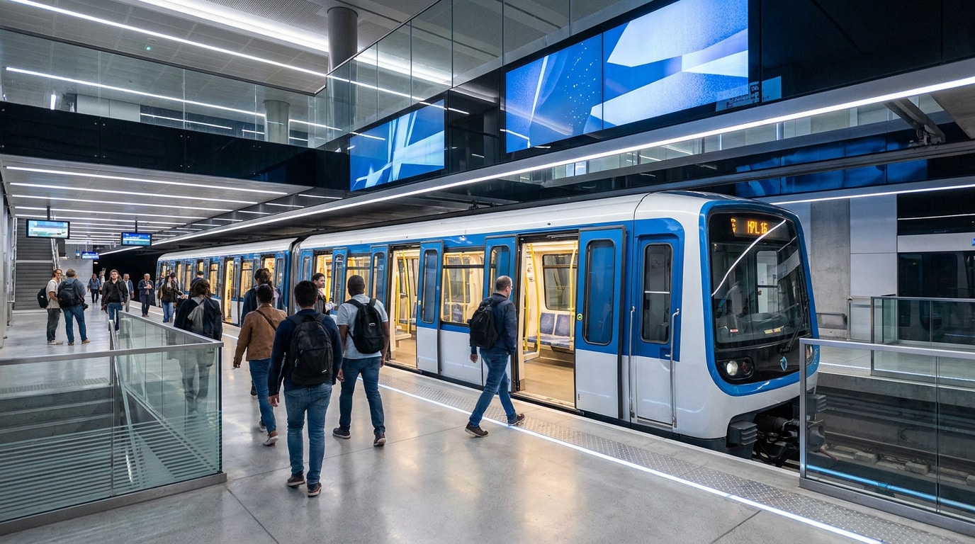 Une rame de métro blanc et bleu à quai dans une station moderne et lumineuse de Lyon avec des passagers qui montent.