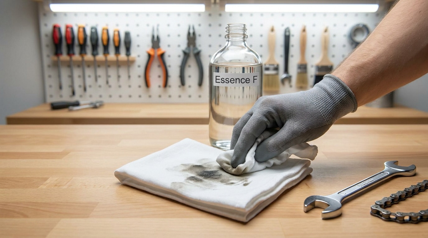 Une main gantée utilisant de l'essence F sur un chiffon pour nettoyer une chaîne mécanique dans un atelier.
