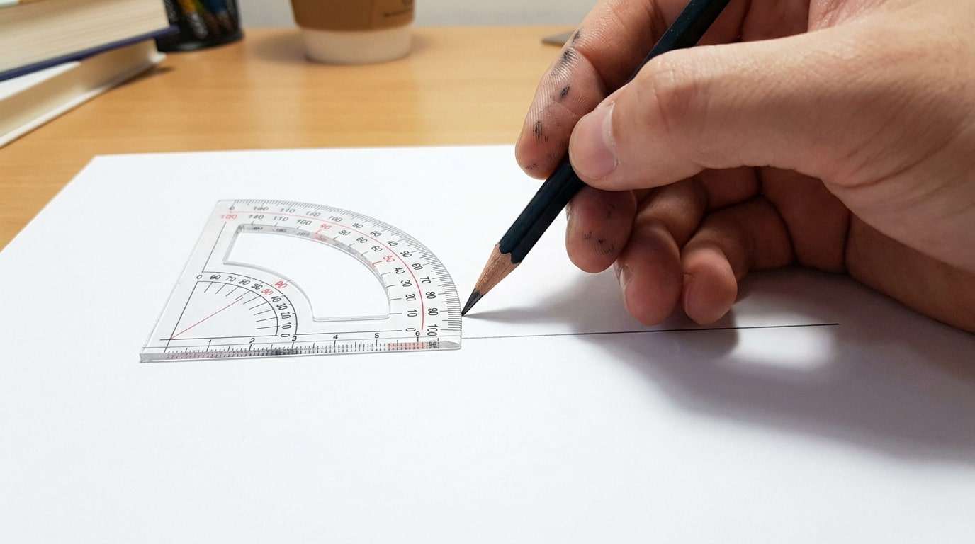 Une main utilisant un crayon pour marquer un point sur une feuille de papier à l'aide d'un rapporteur transparent.